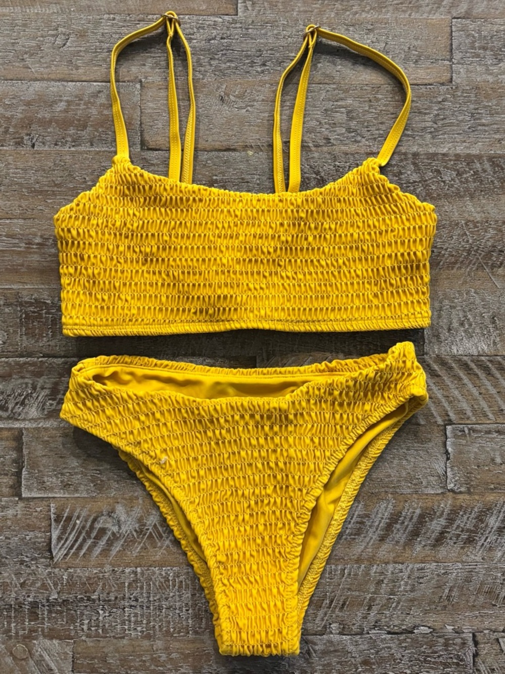 Mosmann Yellow Smocked Bikini 2 Piece Halter Top Hipster Bottoms Sz XS